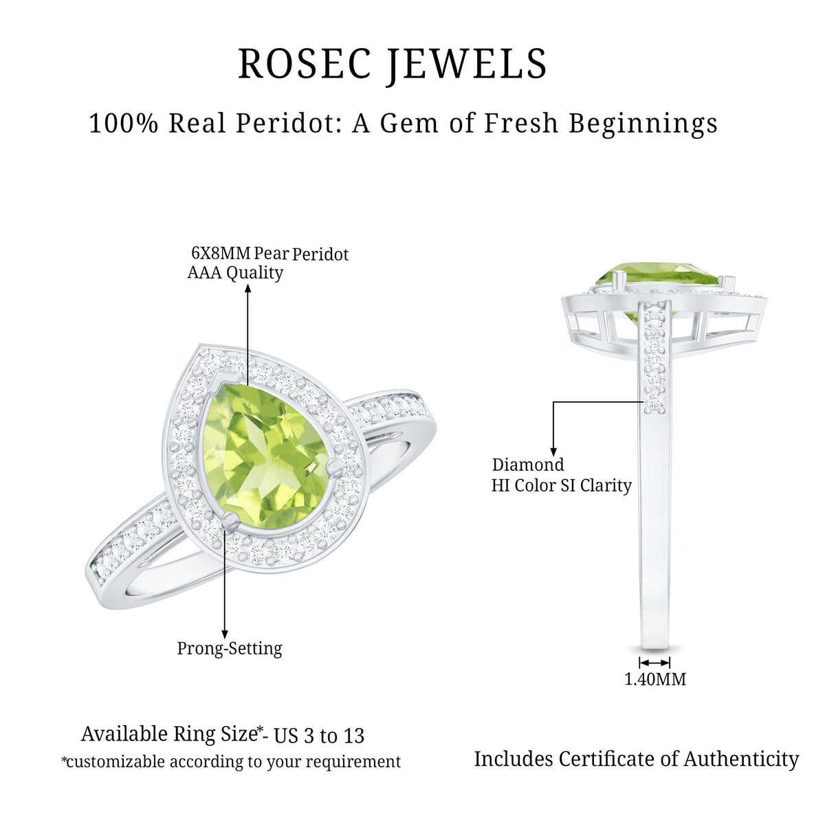 Natural 1 Carat Peridot teardrop engagement ring with diamond halo by Rosec Jewels, showcasing the detailed design and sparkling stones.