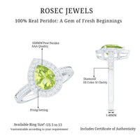Natural 1 Carat Peridot teardrop engagement ring with diamond halo by Rosec Jewels, showcasing the detailed design and sparkling stones.