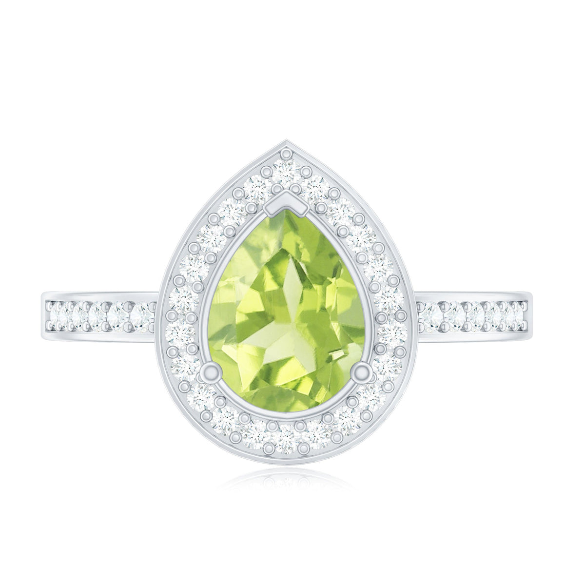 Natural 1 Carat Peridot teardrop engagement ring with diamond halo by Rosec Jewels, showcasing the gemstone and intricate setting.