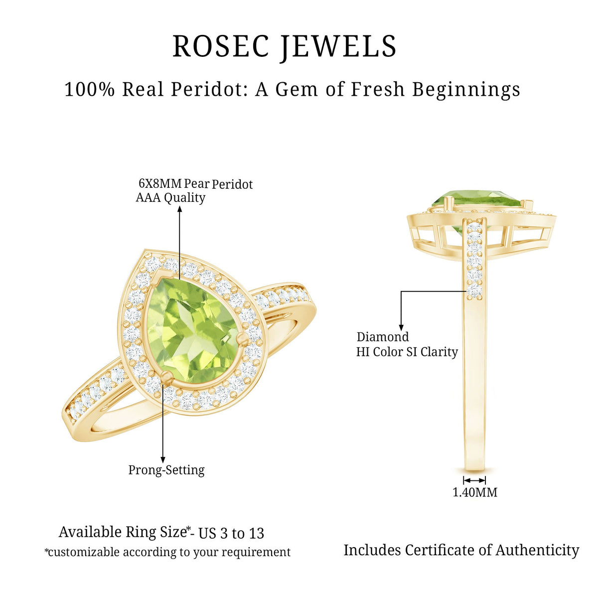 Natural 1 Carat Peridot teardrop engagement ring with diamond halo, featuring a rose gold band from Rosec Jewels.