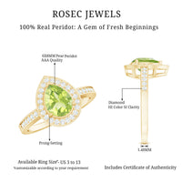 Natural 1 Carat Peridot teardrop engagement ring with diamond halo, featuring a rose gold band from Rosec Jewels.