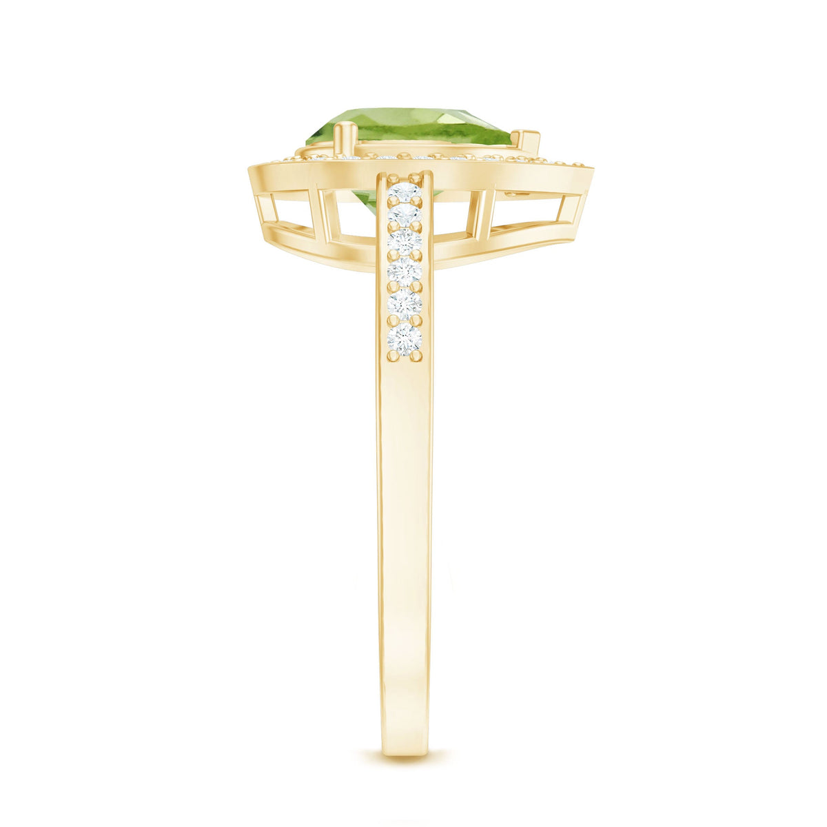Natural 1 Carat peridot teardrop engagement ring with diamond halo from Rosec Jewels, showcasing the green gemstone and sparkling accents.