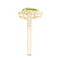 Natural 1 Carat peridot teardrop engagement ring with diamond halo from Rosec Jewels, showcasing the green gemstone and sparkling accents.