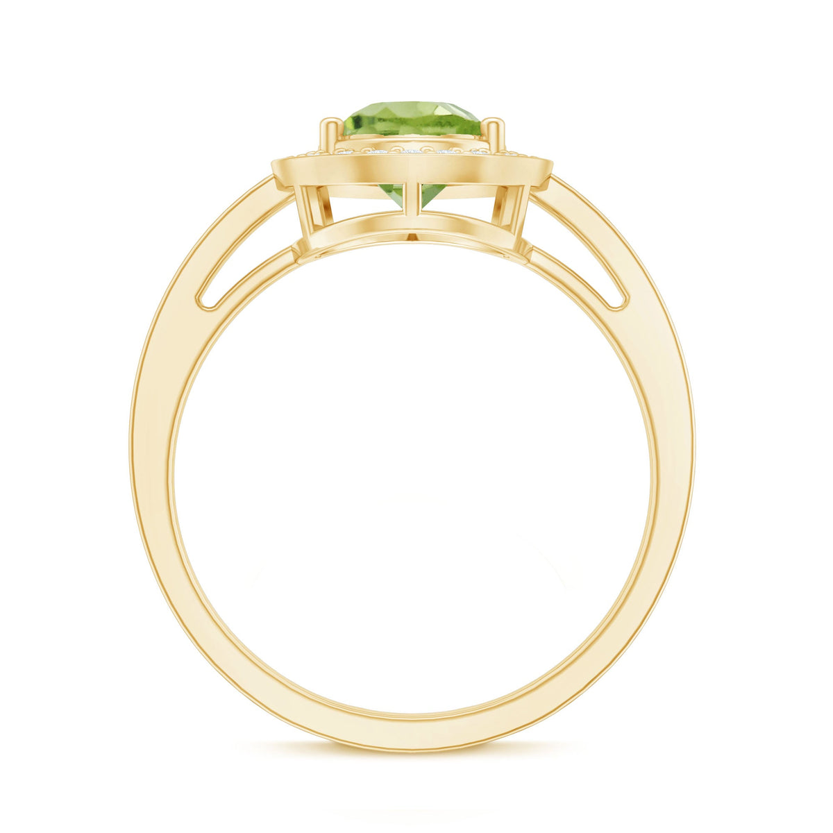 Natural 1 Carat Peridot teardrop engagement ring with diamond halo by Rosec Jewels, showcasing the detailed gemstone and elegant band.