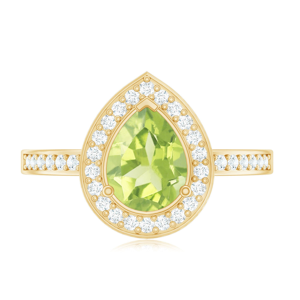 Natural 1 Carat Peridot teardrop engagement ring with diamond halo from Rosec Jewels, showcasing the detailed design and sparkling stones.