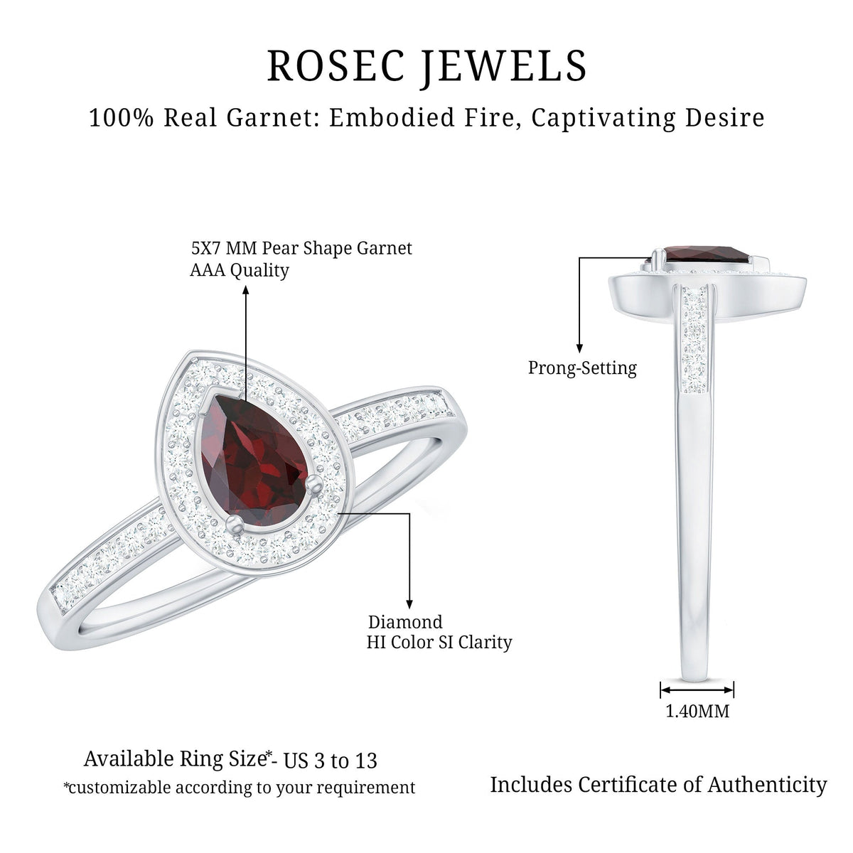 Pear-shaped garnet engagement ring with diamond halo from Rosec Jewels, showcasing the elegant gemstone and sparkling halo setting.
