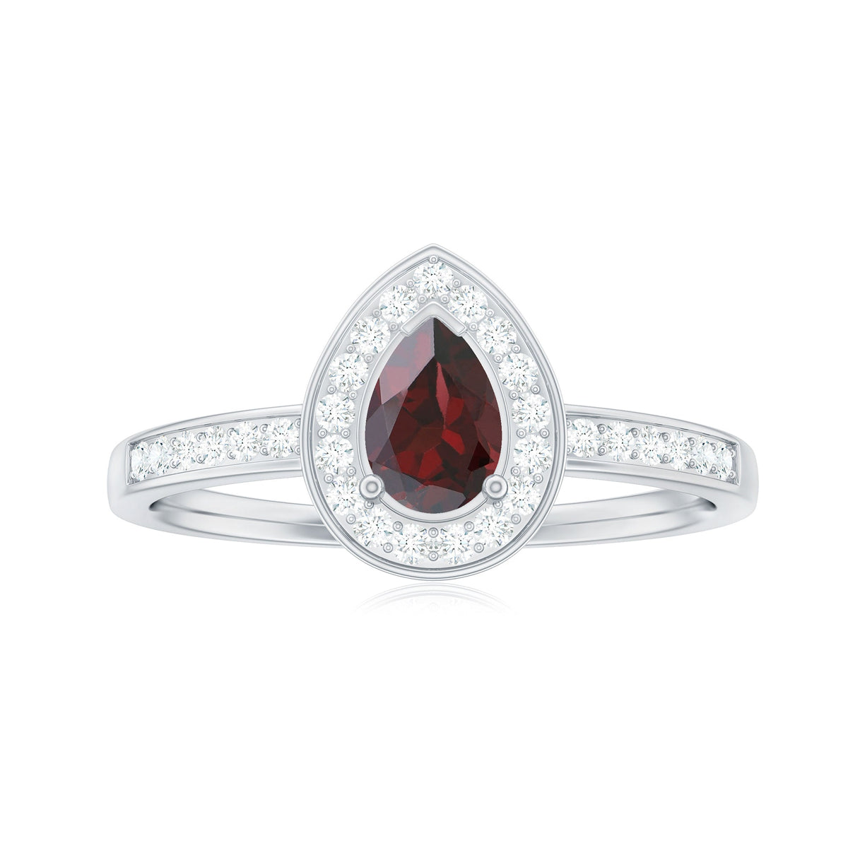 Pear-shaped garnet engagement ring with diamond halo from Rosec Jewels, featuring a classic and elegant design.