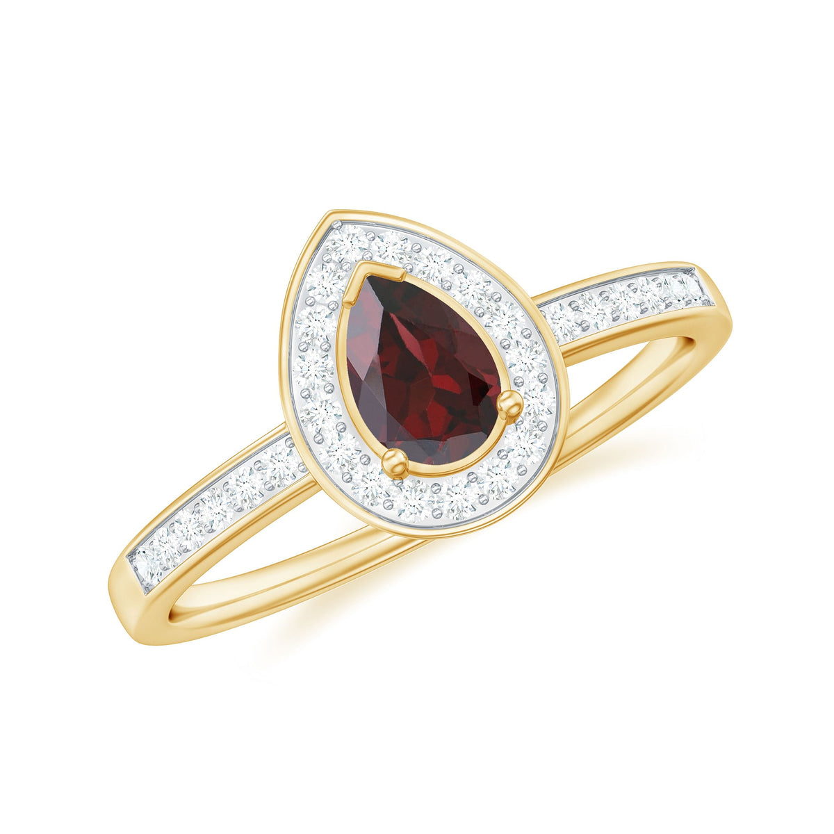 Pear-shaped garnet engagement ring with diamond halo from Rosec Jewels, showcasing a sparkling gemstone and intricate band design.