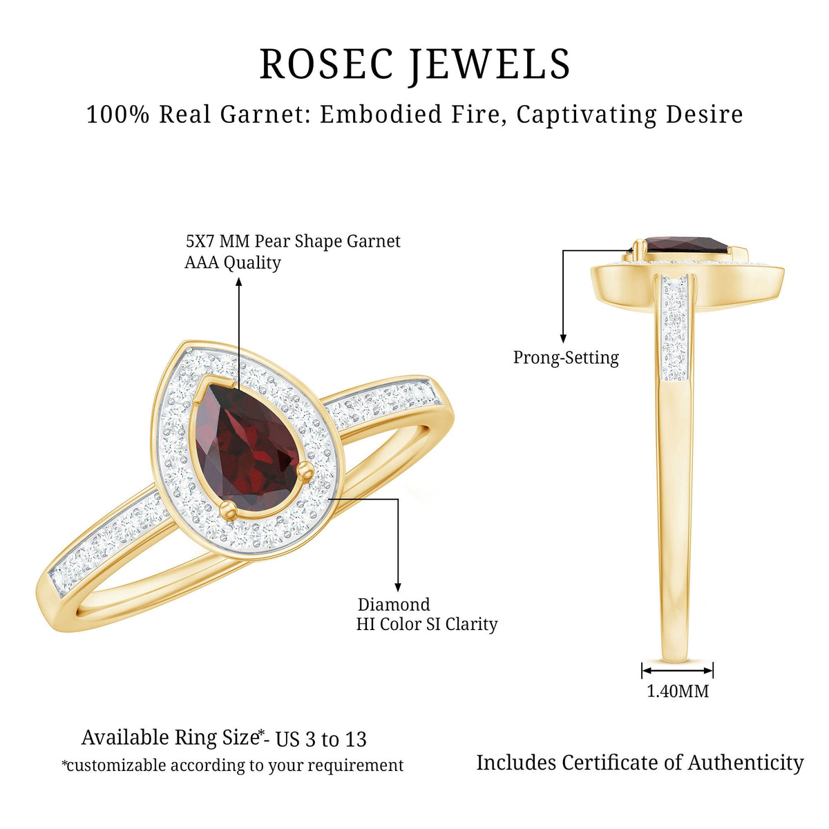 Pear-shaped garnet engagement ring with diamond halo from Rosec Jewels, showcasing a detailed gemstone and elegant setting.