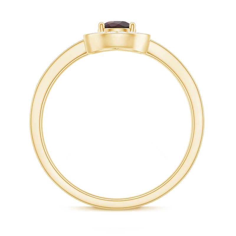 Pear-shaped garnet engagement ring with diamond halo, featuring a classic design from Rosec Jewels.