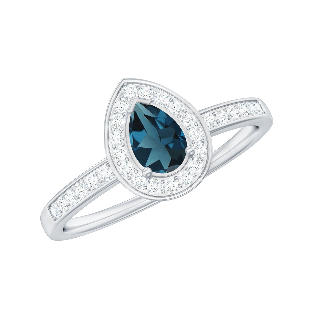 Pear-shaped London Blue Topaz engagement ring with diamond halo, showcasing a Rosec Jewels rings design in close-up.