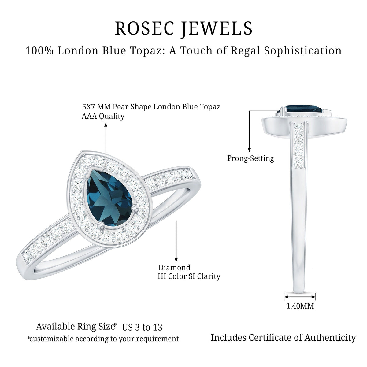 Pear-shaped London Blue Topaz engagement ring with real diamond halo, featuring a Rosec Jewels rings design.