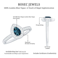 Pear-shaped London Blue Topaz engagement ring with real diamond halo, featuring a Rosec Jewels rings design.