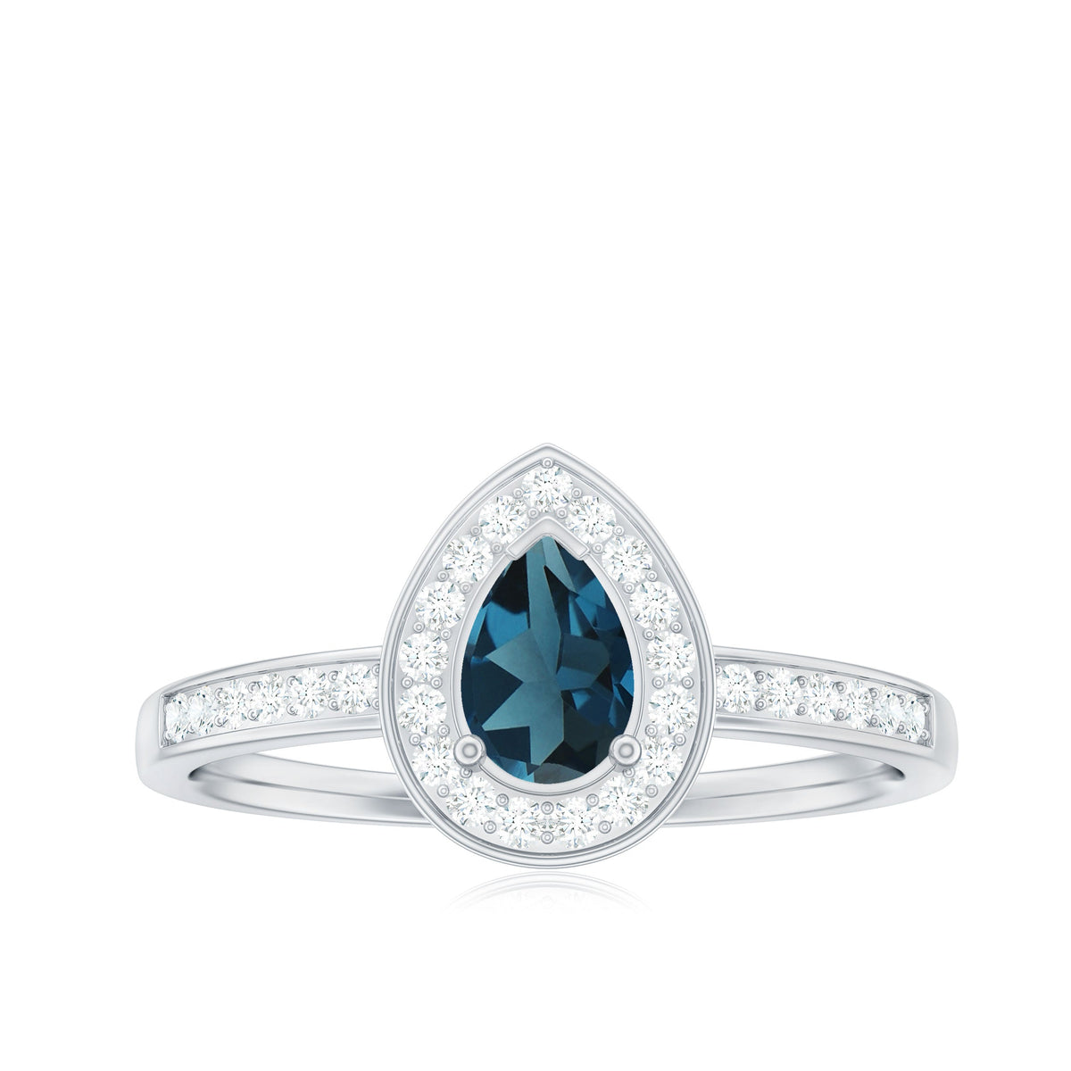 Pear-shaped London Blue Topaz engagement ring with diamond halo by Rosec Jewels, featuring a silver band and intricate detailing.