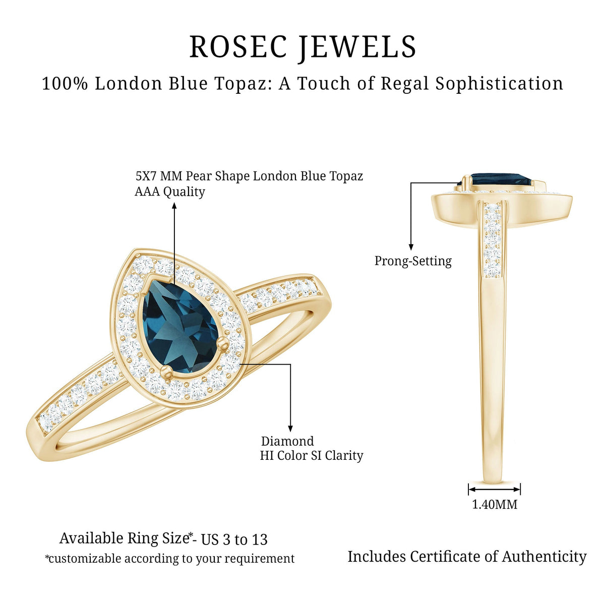 Pear-shaped London Blue Topaz engagement ring with a diamond halo, featuring a silver band, by Rosec Jewels.