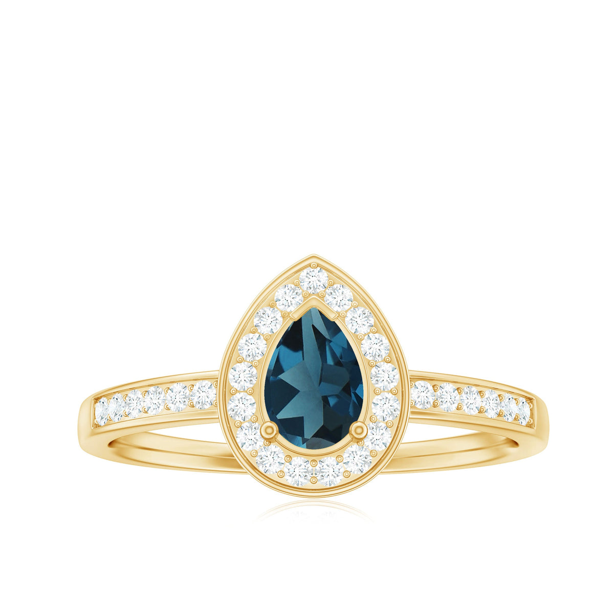 Pear-shaped London Blue Topaz engagement ring with diamond halo by Rosec Jewels, showcasing the blue gemstone and sparkling diamonds.
