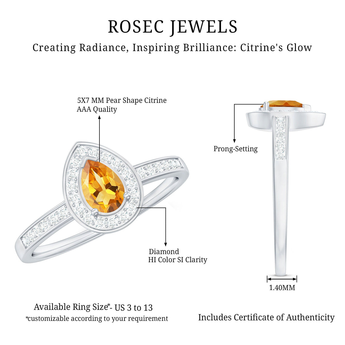 Natural 5x7mm pear-shaped citrine engagement ring with diamond halo by Rosec Jewels, showcasing the sparkling gemstone and elegant design.