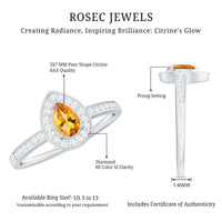 Natural 5x7mm pear-shaped citrine engagement ring with diamond halo by Rosec Jewels, showcasing the sparkling gemstone and elegant design.