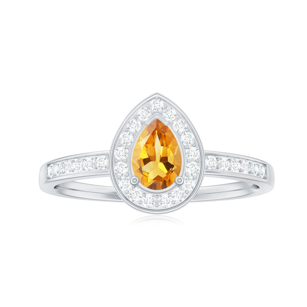 Natural 5x7mm pear-shaped citrine engagement ring with diamond halo from Rosec Jewels, showcasing the sparkling gemstone and elegant setting.
