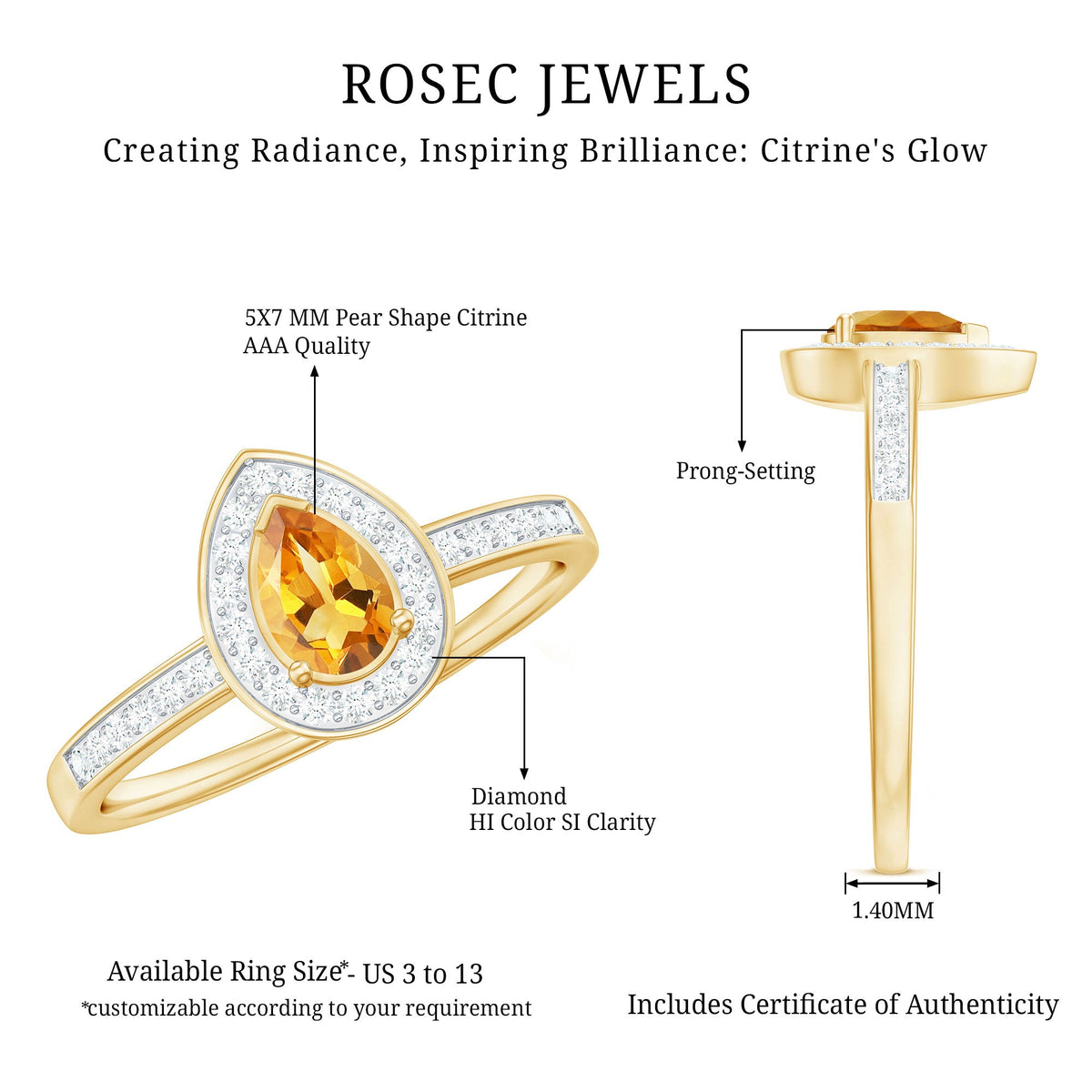 Natural 5x7mm pear-shaped citrine engagement ring with diamond halo from Rosec Jewels, showcasing a sparkling gemstone and elegant design.