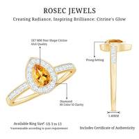 Natural 5x7mm pear-shaped citrine engagement ring with diamond halo from Rosec Jewels, showcasing a sparkling gemstone and elegant design.
