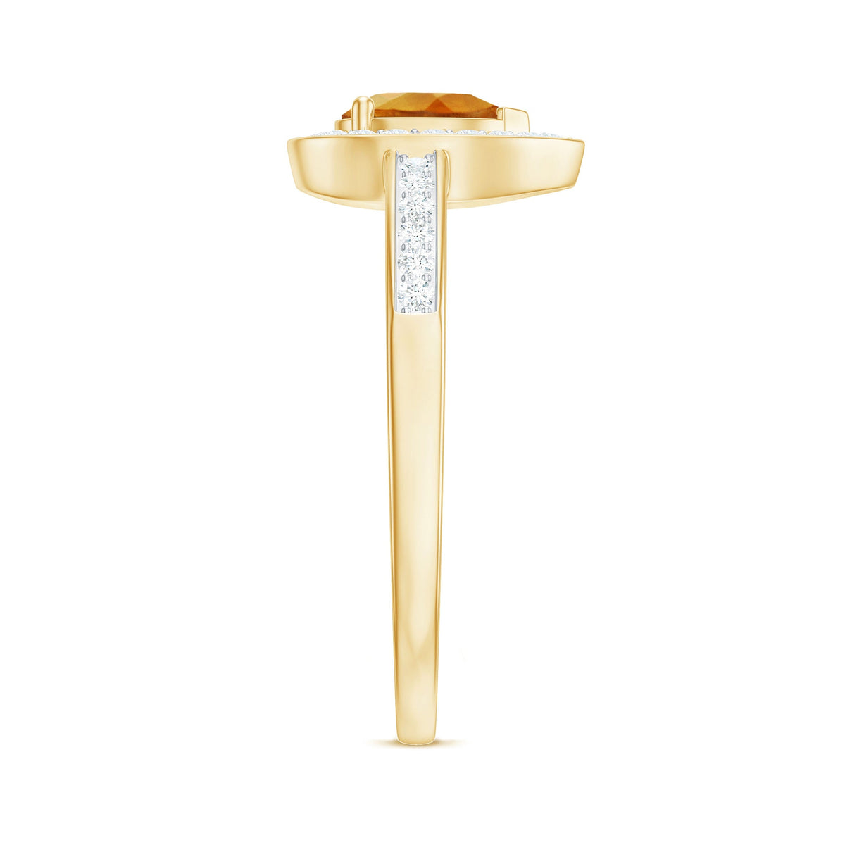 Pear-shaped citrine engagement ring with a diamond halo, crafted by Rosec Jewels, featuring a natural 5x7mm gemstone and intricate design.