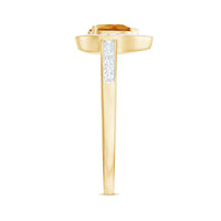 Pear-shaped citrine engagement ring with a diamond halo, crafted by Rosec Jewels, featuring a natural 5x7mm gemstone and intricate design.