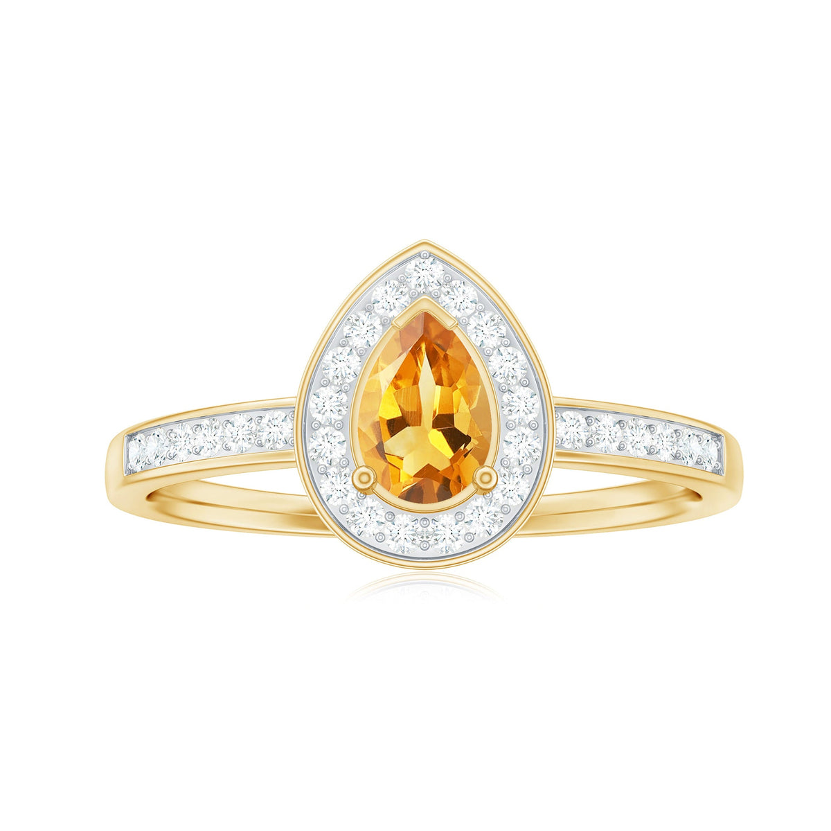 Natural 5x7mm pear-shaped citrine engagement ring with diamond halo by Rosec Jewels, featuring a gold band and intricate setting.