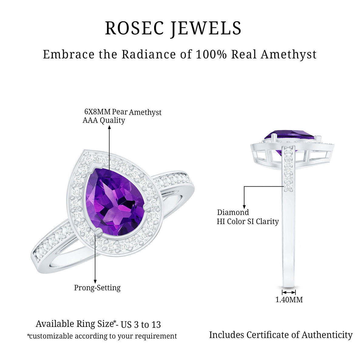 Pear-shaped 1-carat amethyst engagement ring with diamond halo by Rosec Jewels, showcasing the elegant center stone and sparkling accents.