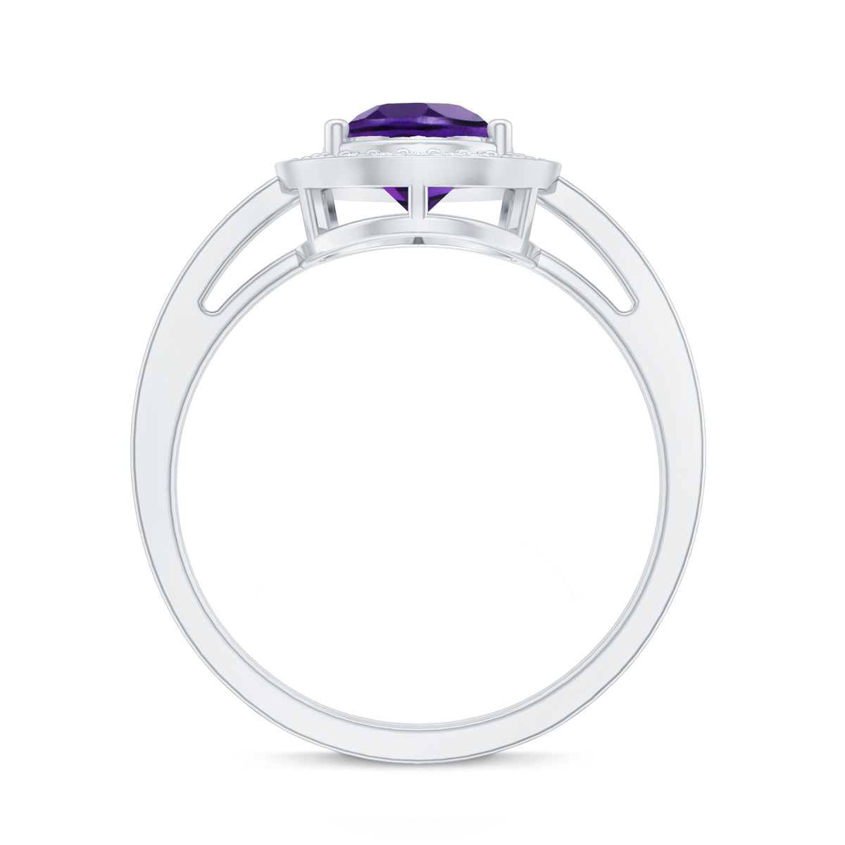 Pear-shaped 1 carat amethyst engagement ring with diamond halo by Rosec Jewels, showcasing the elegant gemstone and sparkling accents.