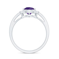 Pear-shaped 1 carat amethyst engagement ring with diamond halo by Rosec Jewels, showcasing the elegant gemstone and sparkling accents.