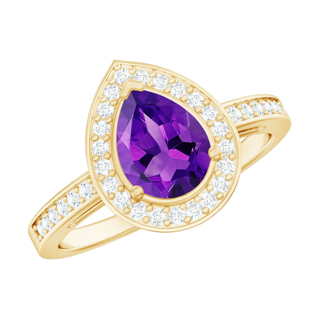 Pear-shaped 1 carat amethyst engagement ring with diamond halo by Rosec Jewels, featuring a silver band and intricate detailing.