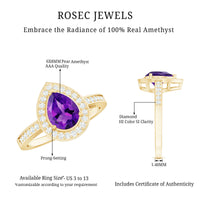 Pear-shaped 1-carat amethyst engagement ring with diamond halo from Rosec Jewels, featuring a silver band and intricate detailing.