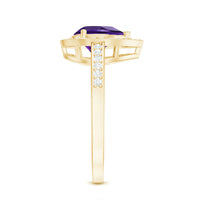 Pear-shaped amethyst engagement ring with diamond halo from Rosec Jewels, featuring a 1-carat purple gemstone and sparkling surrounding diamonds.