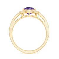 Pear-shaped amethyst engagement ring with diamond halo from Rosec Jewels, showcasing a 1-carat purple gemstone and sparkling halo design.