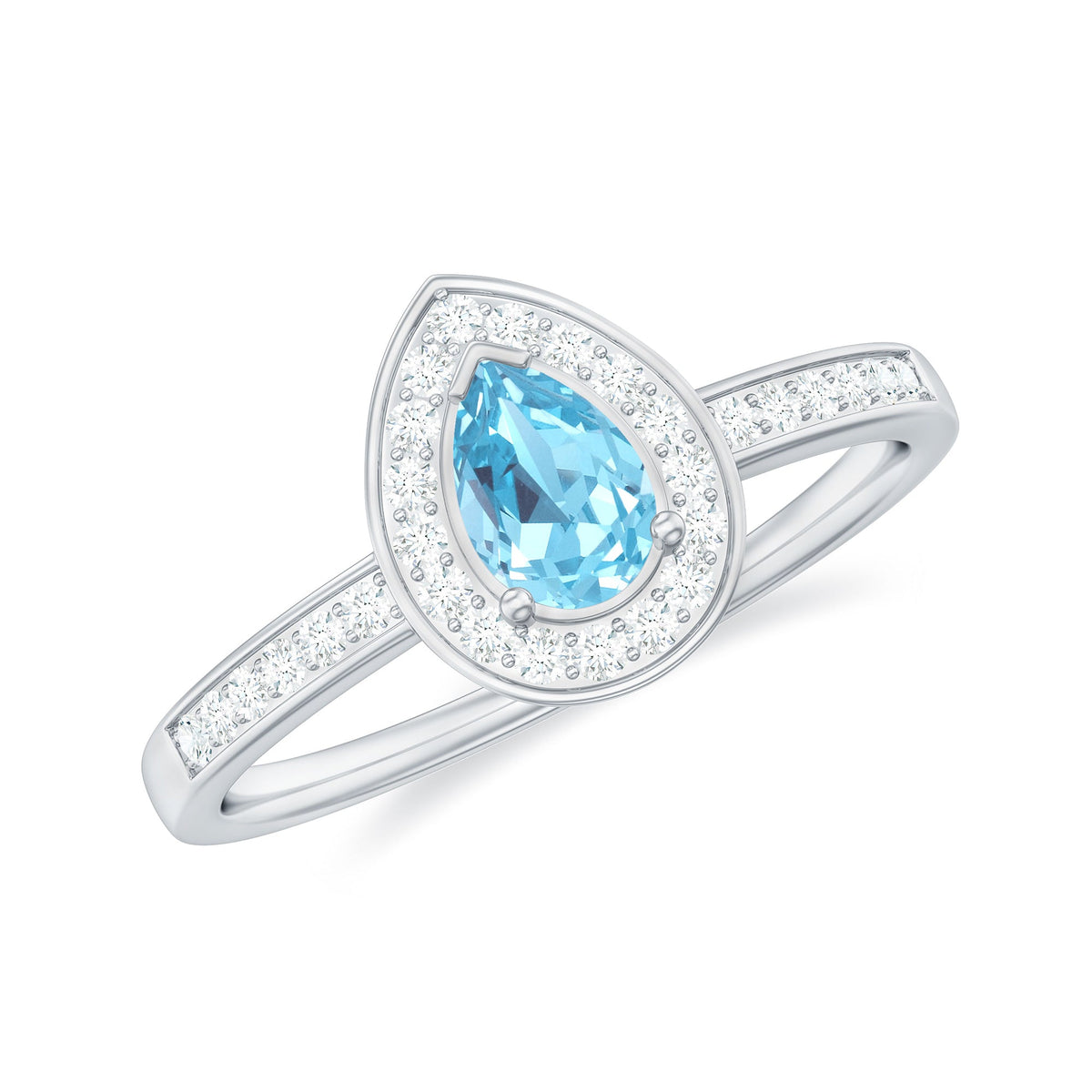 Natural pear-shaped aquamarine engagement ring with diamond halo, featuring elegant rose gold band and intricate detailing.