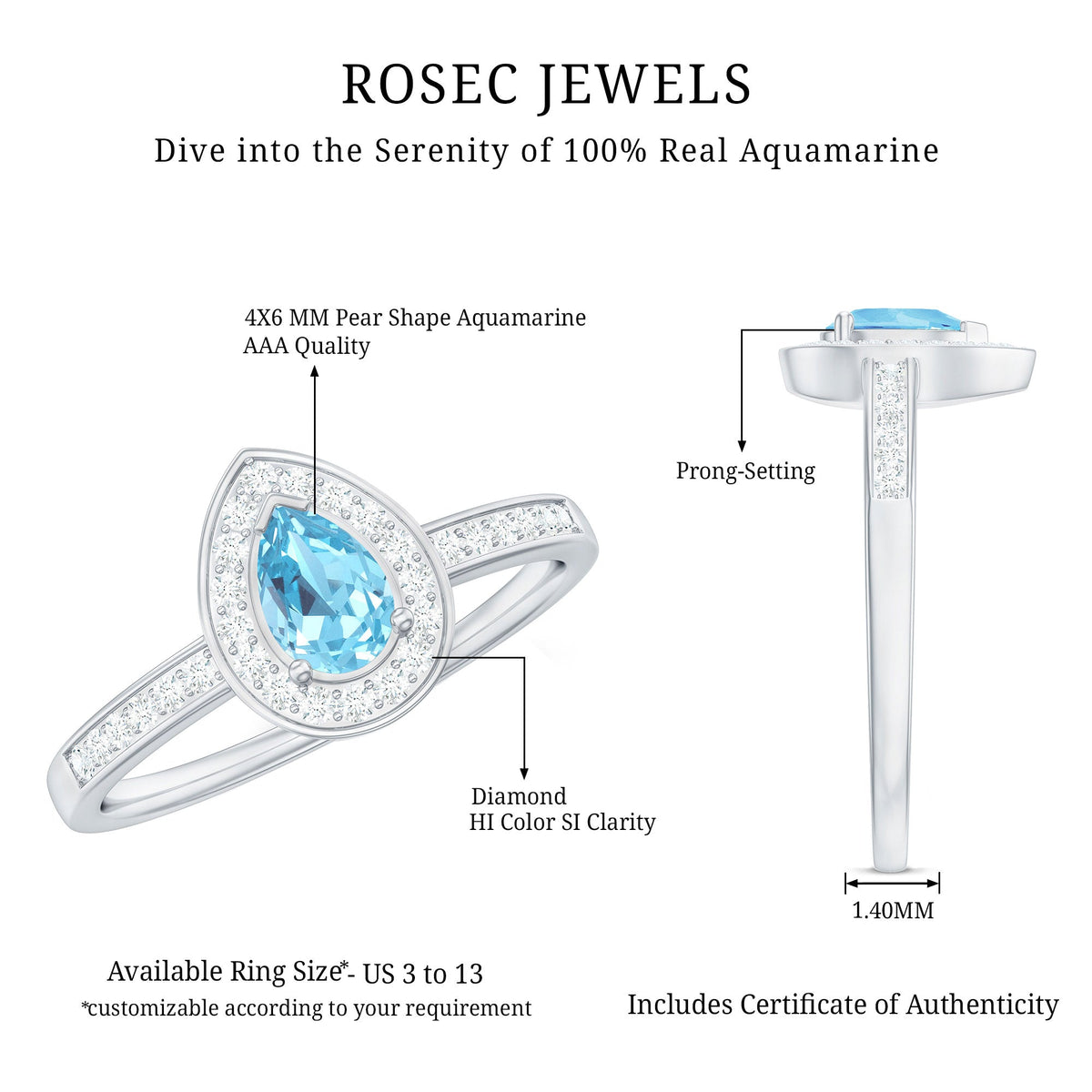 Natural pear-shaped aquamarine teardrop engagement ring with diamond halo, showcasing elegant craftsmanship and sparkling gemstones.