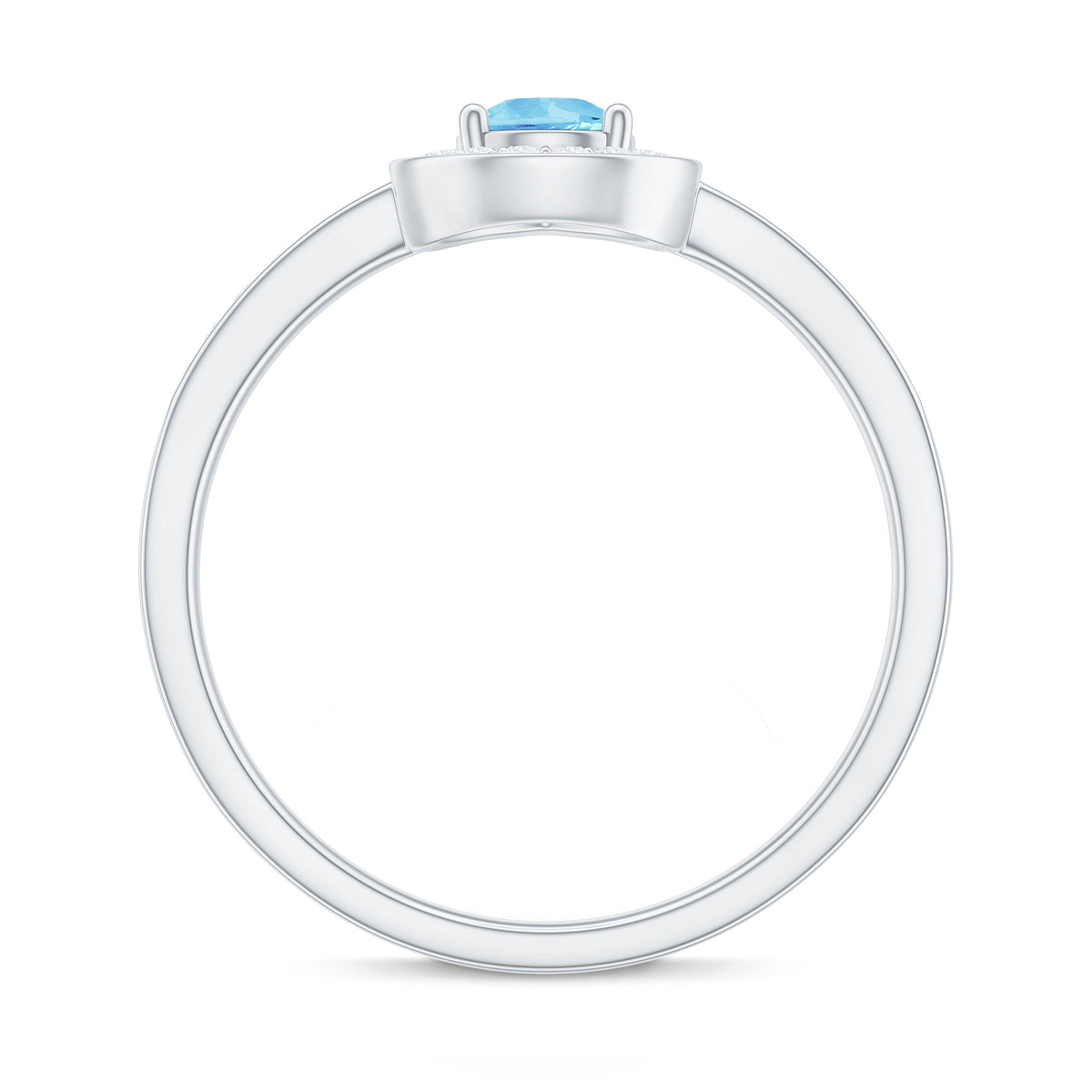 Natural pear shape aquamarine teardrop engagement ring with diamond halo, featuring a Rosec Jewels design, shown on a ring display.