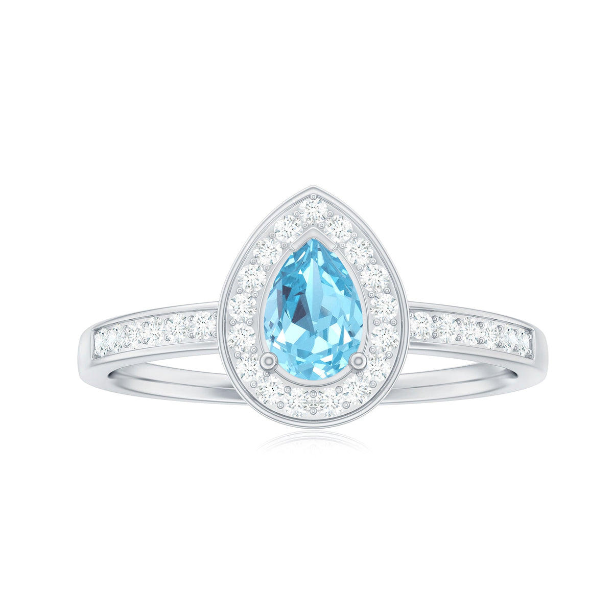 Natural pear-shaped aquamarine teardrop engagement ring with diamond halo from Rosec Jewels, showcasing the elegant gemstone and intricate design.