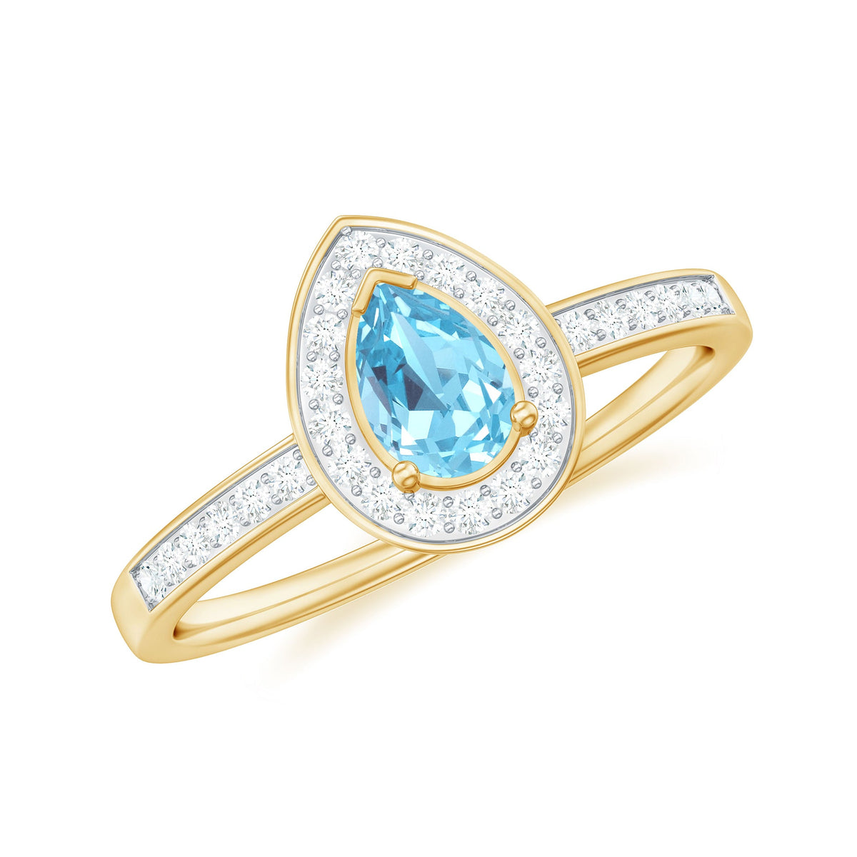 Natural pear-shaped aquamarine engagement ring with diamond halo, showcasing a rose gold band and intricate detailing.