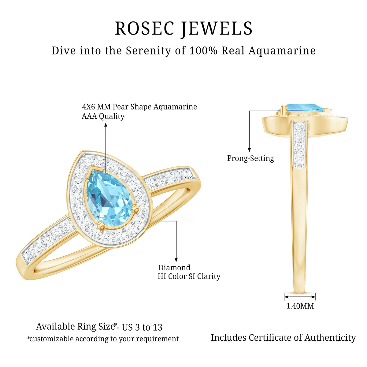 Natural pear-shaped aquamarine engagement ring with diamond halo from Rosec Jewels, showcasing the elegant teardrop design and sparkling accents.
