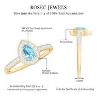 Natural pear-shaped aquamarine engagement ring with diamond halo from Rosec Jewels, showcasing the elegant teardrop design and sparkling accents.