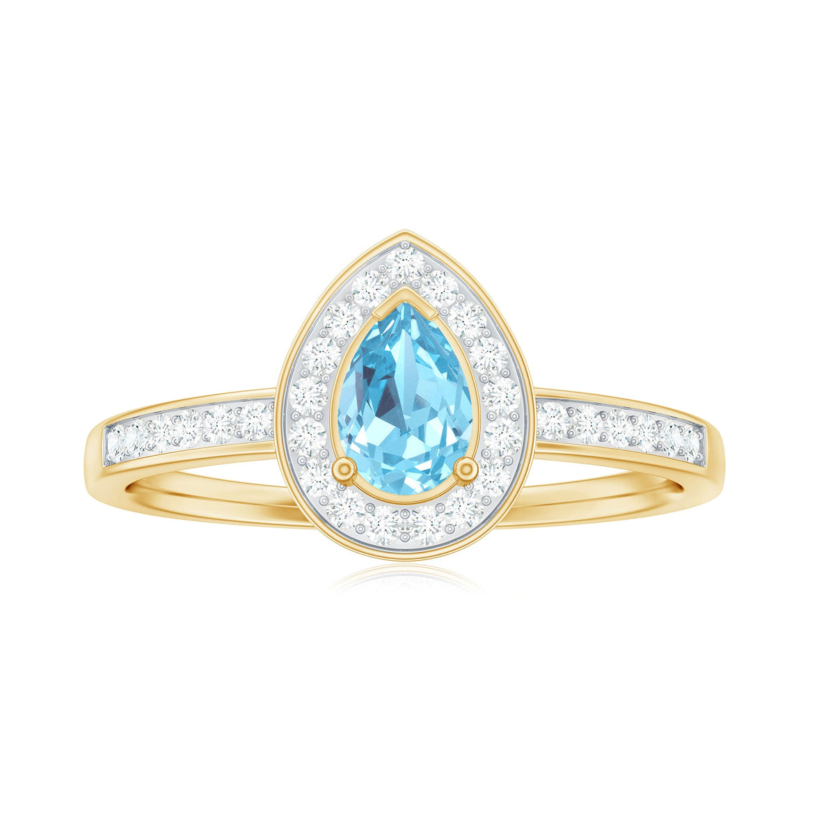 Natural pear-shaped aquamarine engagement ring with diamond halo, featuring a delicate silver band and intricate detailing.