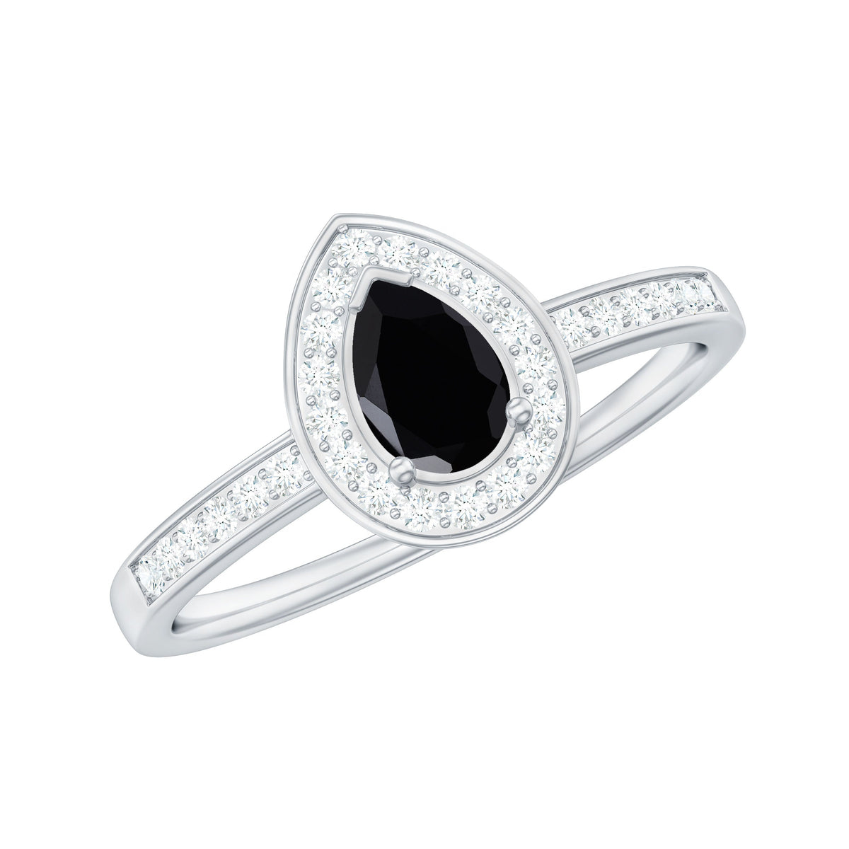 Genuine black spinel teardrop engagement ring with diamond halo from Rosec Jewels, showcasing a sparkling black teardrop center stone and halo design.