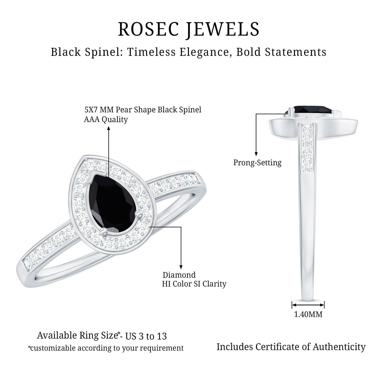 Genuine black spinel teardrop engagement ring with diamond halo from Rosec Jewels, showcasing a black spinel center stone and sparkling diamonds.