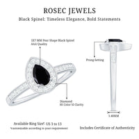 Genuine black spinel teardrop engagement ring with diamond halo from Rosec Jewels, showcasing a black spinel center stone and sparkling diamonds.