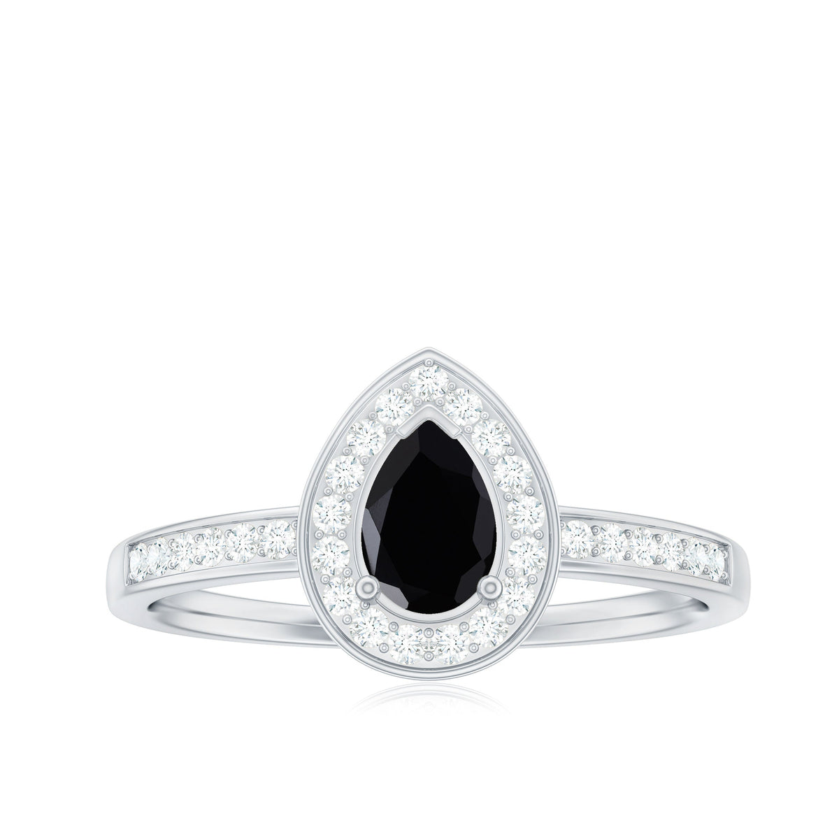 Genuine black spinel teardrop engagement ring with diamond halo from Rosec Jewels, showcasing the elegant ring design and sparkling stones.