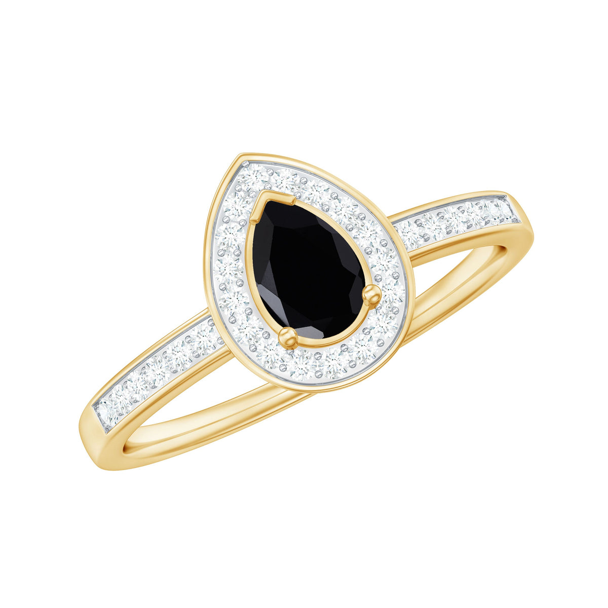 Genuine black spinel teardrop engagement ring with diamond halo, featuring a silver band and intricate detailing.