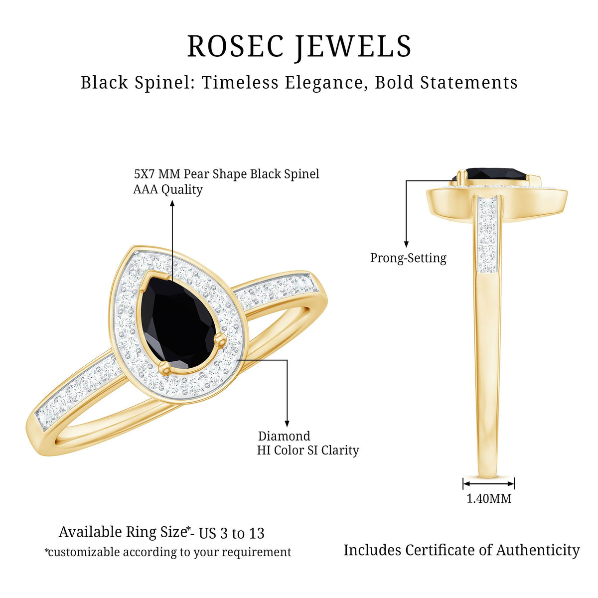 Genuine black spinel teardrop engagement ring with diamond halo, featuring a silver band, from Rosec Jewels.