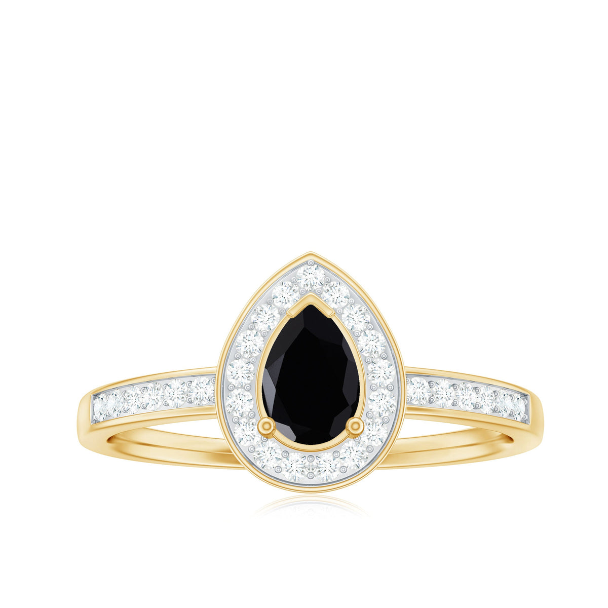 Genuine black spinel teardrop engagement ring with diamond halo from Rosec Jewels, featuring a stunning black gemstone and sparkling diamonds.
